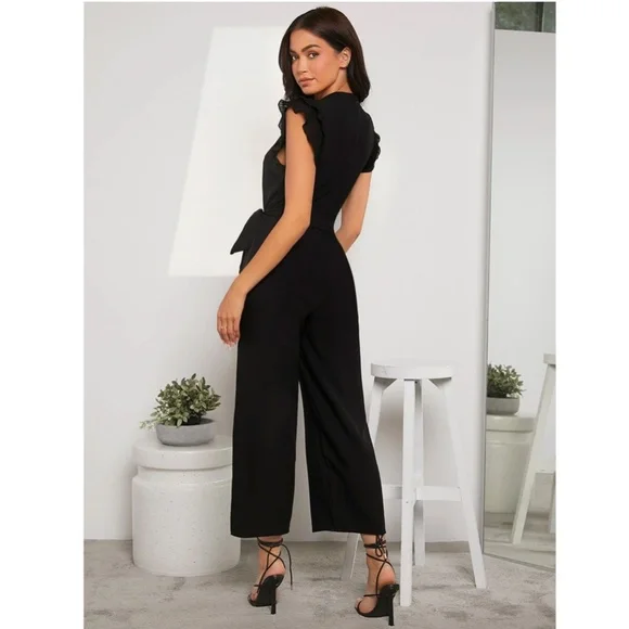 Black Elegant Belted Jumpsuit V-Neck Cap Short Sleeve - Picture 2 of 9